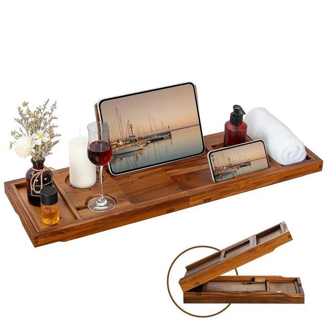 Teak Bathtub Tray - Luxury Bath Tray with Expandable Handles, Wine Glass and Phone Holders, Book Stand - Perfect for Home Spa Relaxation and Reading - Natural Bath Accessories