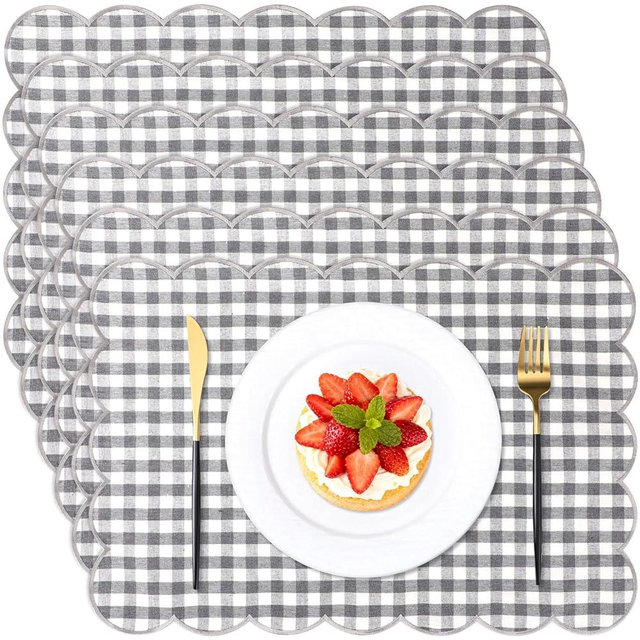 SmoothNovelty 6 Pcs Gingham Linen Placemats 13 x 19 Inch Check Plaid Table Mat Buffalo Plaid Washable Scalloped Wavy Embroidery Placemat for Spring Dining Tables Tea Party(Grey)