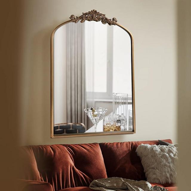 OUSHUAI Gold Brass Mirror for Wall,Gold Traditional Vintage Ornate Baroque Mirror,Victorian Antique Bronze Mirror with Full Matel Frame,Arched Mirror for Entryway/Bathroom/Fireplace 24"X36"