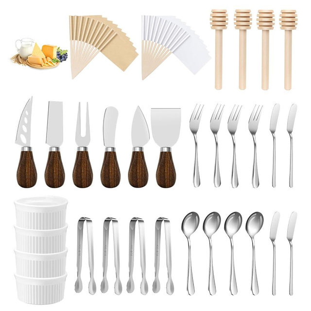 Charcuterie Boards Accessories(32 PCS) Cheese Spreaders for Charcuterie Board Mini Serving Spoon Fork Tongs Blank Toothpick Flags Bowl