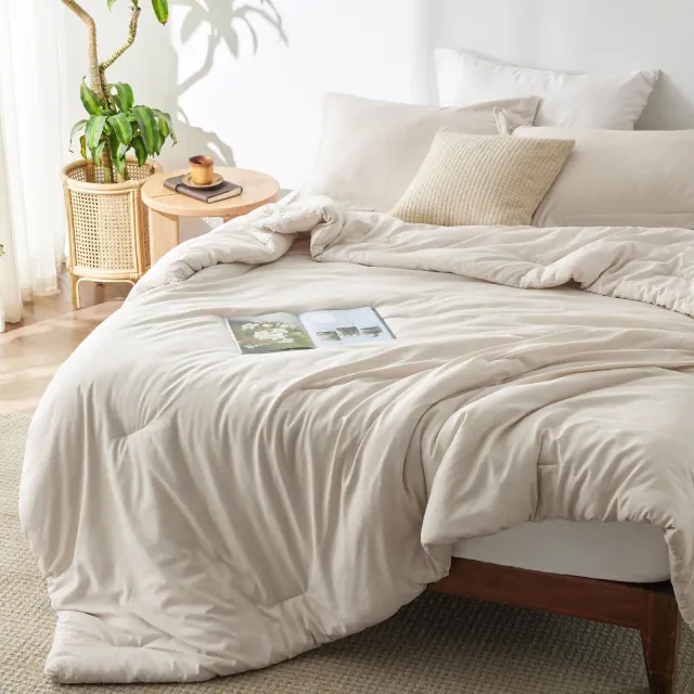 3pcs Comforter Set Solid Cationic Dyeing Queen Size Beige - Bedsure