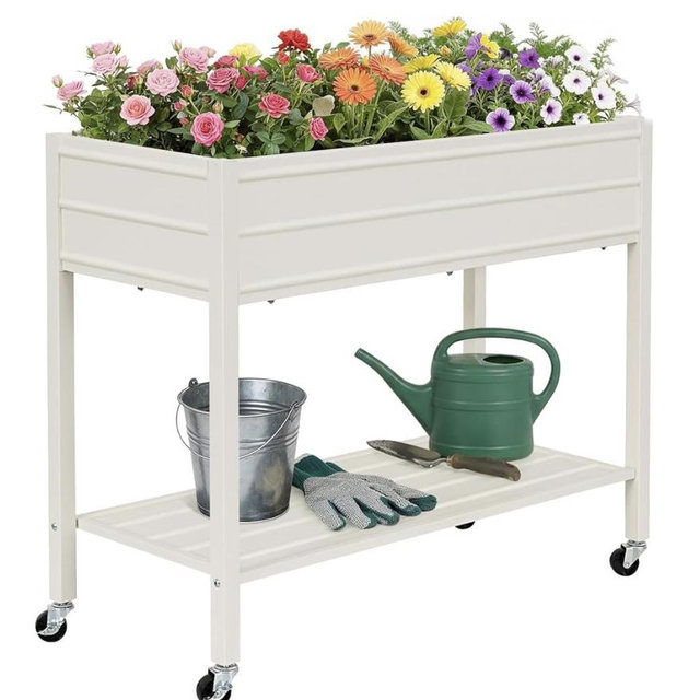 ZORMY 32" Tall Galvanized Raised Garden Bed with Legs Wheels & Shelf, Elevated Planter Box Outdoor for Vegetables, Herbs & Flowers, Patio & Backyard, Garden Bed with 400lb Capacity，White