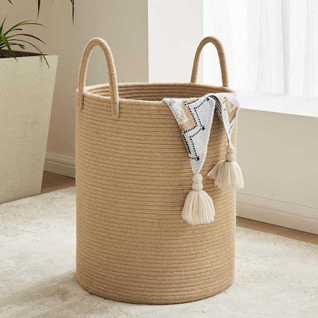 YOUDENOVA Cotton Laundry Hamper, 58L - Woven Collapsible Storage Basket - Jute Brown