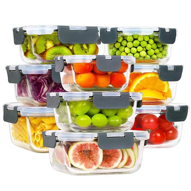 Bayco Glass Food Storage Containers with Lids, [18 Piece] Glass Meal Prep Containers, Airtight Glass Lunch Bento Boxes, BPA-Free & Leak Proof (9 lids & 9 Containers) - Grey