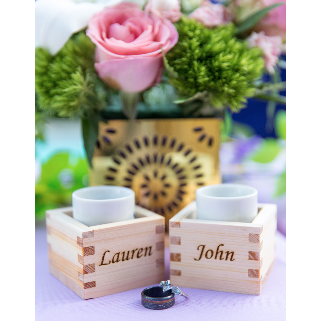 Customized sake 'masu' cups from our lovely wine group friends.
Photo by Justin Davidson Photography