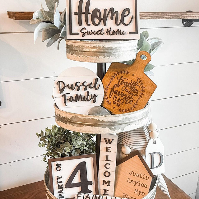 Family Tiered Tray Signs - Home Sweet Home Tiered Tray Signs - Personalized Tiered Tray Signs - Farmhouse Boho Decor