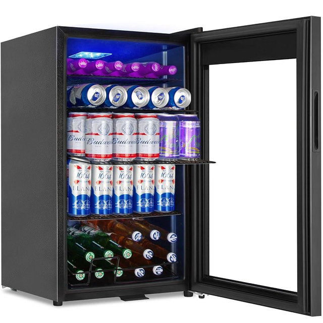 Beverage Refrigerator Cooler, 128 Cans 3.2 Cu.Ft Mini Fridge Glass Door for Drink Beer Soda Wine, Small Fridge with 4 Adjustable Removable Shelves for Kitchen, Bedroom, Office, Bar, Gaming Room, Black