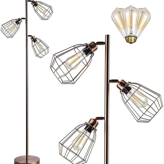 LEONLITE Industrial Floor Lamps for Living Room, UL Listed, 3 Light Tree Floor Lamp with 3 Head Adjustable Brass Cage, E26 Edison Bulb Floor Lamp, Farmhouse Standing Lamp for Bedroom, Bulbs Included