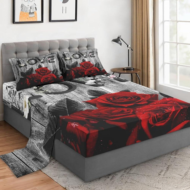 WeCozy 4 Pieces King Size Bed Sheet Sets with Pillowcases, Red Rose Flower Vintage Soft Microfiber Bedding for Kids and Adults, Flat, Fitted Sheet for Bedroom Bed Decor