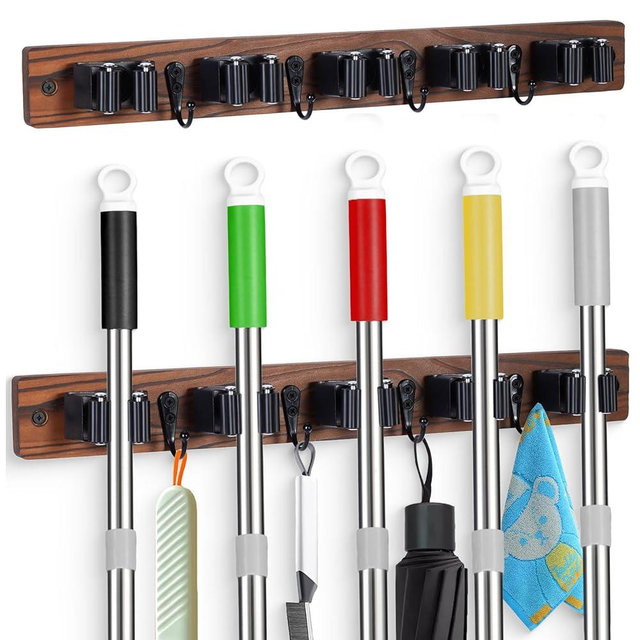 FunCee 2 PACK Broom Holder Wall Mount With 5 Slots & 4 Hooks，Rustic Wood Broom & Mop Hanger，Wall Mounted Garden & Garage Tool Storage Organizer Rack for Closet Laundry Room or Kitchen Wall Decor