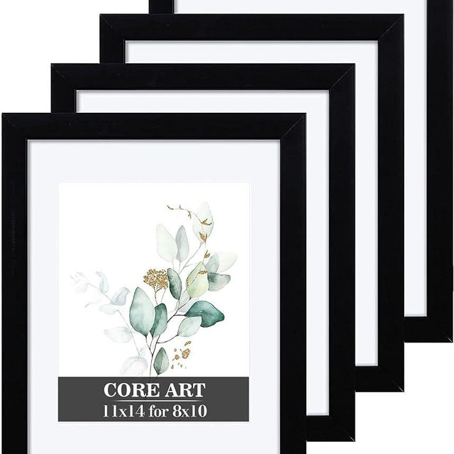 CORE ART 11x14 Picture Frame, Black Picture Frames 8x10 with Mat or 11 x 14 without Mat for Wall or Tabletop Display, Photo Frame Set of 4
