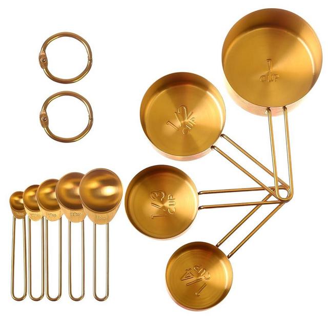9 Pack Gold Measuring Cups and Spoons Set, Stackable Golden Stainless Steel Measuring Set with Ring Connector, Stylish and Sturdy Gold Kitchen Accessories for Liquid & Dry Ingredients Baking Cooking