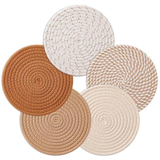 Husfunov 7 Inch Trivets for Hot Dishes, Pots and Pans, 5 Heat Resistant Pot Holders for Kitchen, Home Essentials, Hot Pads for Countertop and Table, Farmhouse Decor Vase Mats, Brown