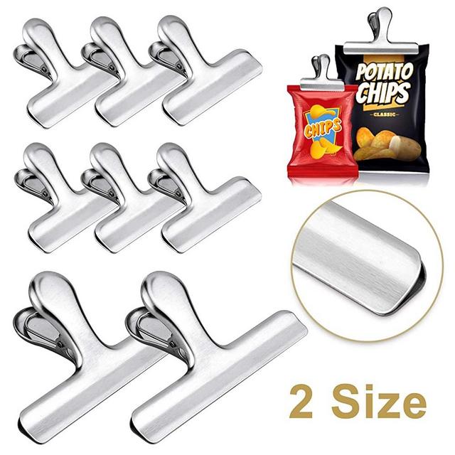 Whaline Stainless Steel Chip Clips Set, 4.7'' & 3'' Chip Bag Clips Heavy Duty Food Clips Round Edge Air Tight Seal Grip for Office Kitchen Home Usage Storage (2 Large and 6 Small Size)