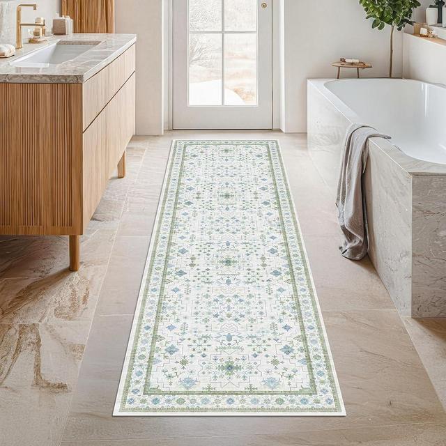 Hazo Haus Washable Oushak 2x6 Bathroom Runner Rug, Eclectic Boho Floral Pastel, Non Slip Low Pile Stain Resistant Small Throw Rug for Bedroom, Laundry Room, Powder Room, Cream Green