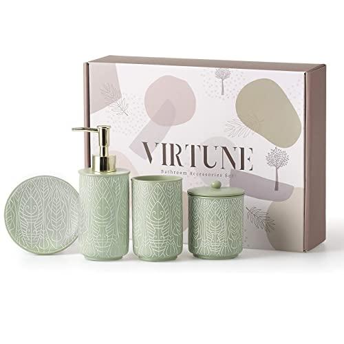 VIRTUNE Premium Pastel Green Bathroom Accessory Set. Home and Apartment Essentials Including Hand Pump Soap Dispenser, Soap Dish, Toothbrush Holder, and Tumbler Cup. Modern Bathroom Decor