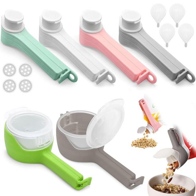 DEFORAGE 6 Pcs Bag Spout Clip,Bag Clips for Food,Snack Sealing Clips with Pour Spouts,Kitchen Chip Bag Clips with Adhesive Hooks, for Cereal Kitchen Food Storage Organization(2L+4S)