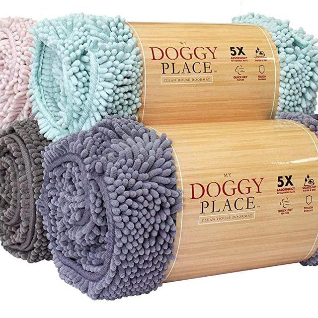 My Doggy Place - Ultra Absorbent Microfiber Dog Door Mat, Durable, Quick Drying, Washable, Prevent Mud Dirt, Keep Your House Clean (Light Blue w/Paw Print, Medium) - 31 x 20 inch