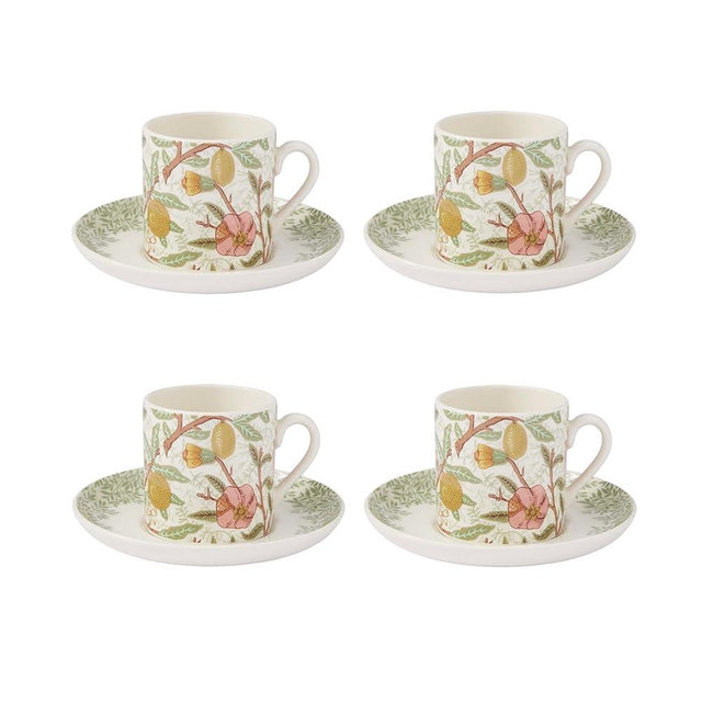 Spode Morris & Co Espresso Cup & Saucer, Set of 4, Assorted Designs - Decorative Earthenware Coffee Cups for Espresso, Cappuccino & Coffee, Home & Kitchen Tableware, Dining & Entertaining