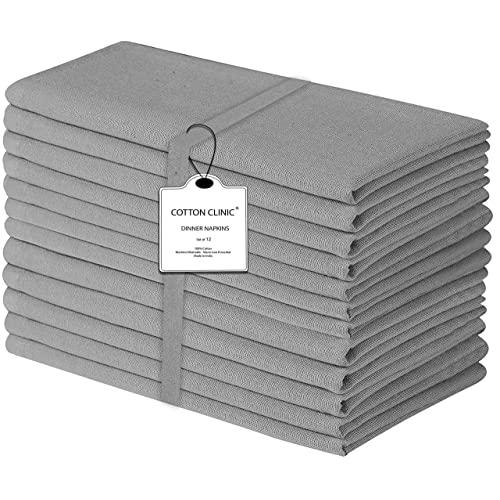 Cotton Clinic 12 Pack Cloth Dinner Napkins 17x17, 100% Cotton Fabric Soft and Comfortable Cocktail Napkins, Wedding Dinner Napkins with Mitered Corners and Generous Hem - Gray