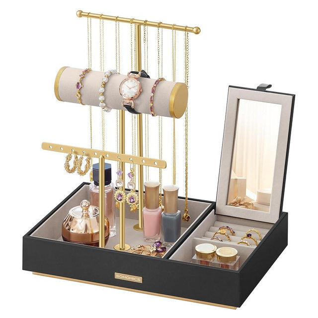 SONGMICS Jewelry Holder, Jewelry Organizer, Jewelry Display Stand, Metal Earring Organizer with Mirror, with Necklace Earring Bracelet Holder, for Rings, Gift Idea, Black and Gold UJJS022B01V1