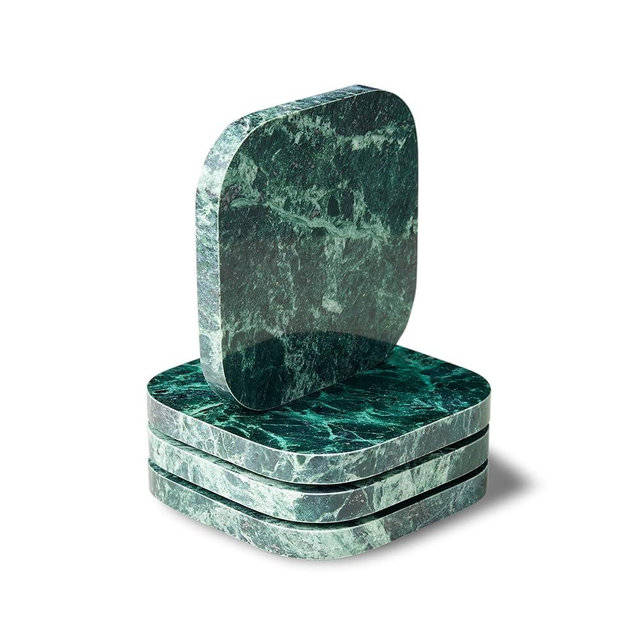 PHINILUX 𝐈𝐭𝐚𝐥𝐢𝐚𝐧 Green Marble Coasters – Set of 4 – Square Modern Bar Coasters for Drinks, Coffee –Stone Holder for Home Décor, Housewarming Gifts (Dark Green)