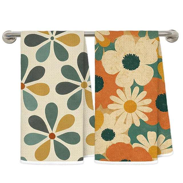 FRZSDVHNM Groovy Retro 70s Floral Kitchen Towels, Boho Vibrant Orange and Teal Flower Decorative Dish Tea Hand Towels for Kitchen Bathroom, Boho Bathroom Decor, 16x24 Inches Set of 2