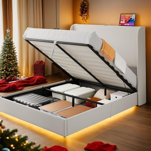 YITAHOME King Size Lift Up Storage Bed Frame with Type-C & USB Port, Modern Linen Upholstered Platform Bed Frame with 50.4" Tall Wingback Headboard/Hydraulic Storage/No Box Spring Needed, Beige