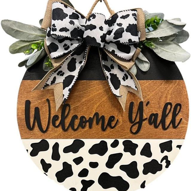 Welcome sign Cow print Cattle Calf Moo Farm Farmhouse Wood sign Front door decor Home decor (Welcome Y’all Cow (DS12-A10), 15’’ Width)
