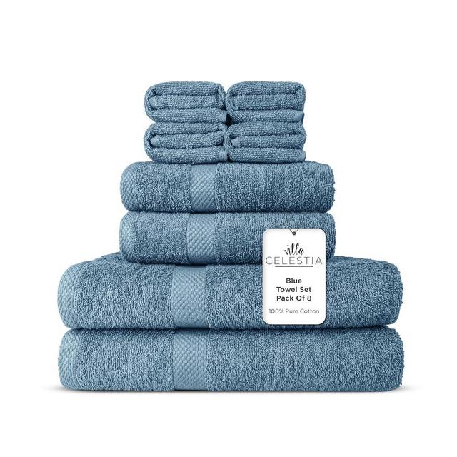 100% Combed Cotton Bathroom Towel Set of 8- 2 Bath Towels, 2 Hand Towels, 4 Wash Cloths, Sustainable, Soft, Highly Absorbent 8 Piece Cotton Bath Towel Set Ideal for Hotels, Spa, Bathroom, Dorm, Blue