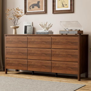 63" Mid-Century Modern Dresser for Bedroom, 9 Drawer Wide Chest of Drawers with Wood Legs, Large Storage Bedroom Dresser, Walnut