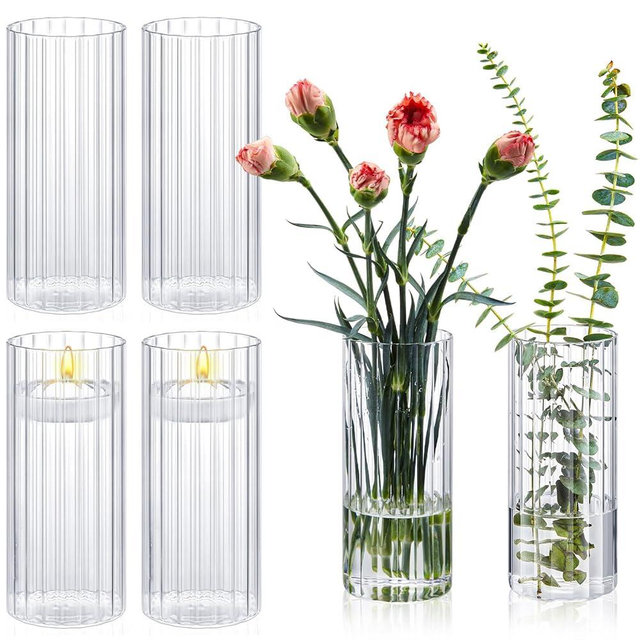Ninehaoou 6 Pcs 8 Inch Tall Glass Cylinder Vases Clear Ribbed Bud Vases for Centerpieces Flower Vase Clear Floating Candle Vase in Bulk, Hurricane Candle Holder for Party Home Table Centerpieces
