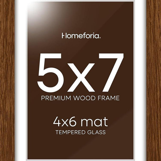 Homeforia 5x7 Brown Picture Frame, High End Dark Oak 5x7 Wooden Frames with Mat 4x6 Photo, 5 x 7 Walnut Wood Frame Matted to 4 x 6 Print, 7x5 Wall or Tabletop Frame, Tempered Glass, Wall Kit, Set of 1