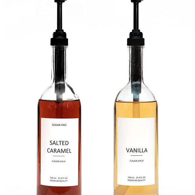 Demi's Home 25.4 oz Glass Coffee Syrup Dispenser for Coffee Bar Accessories, 2 Pack, Comprehensive Label Set & ¼ oz Pumps Included, 750 ml coffee syrup bottles for coffee bar, Coffee Accessories