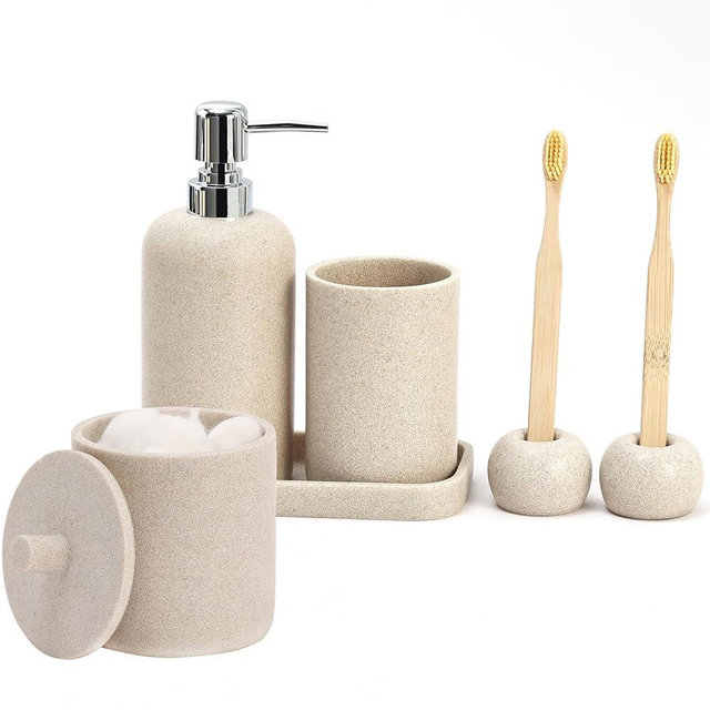 Haocoott Bathroom Set with 2PCS Toothbrush Holders, 450mL 15OZ Soap Dispenser, Simple Modern Tumbler, Soap Holder, Qtip Holder, 6PCS Bathroom Accessory Set Bathroom Organizer Countertop