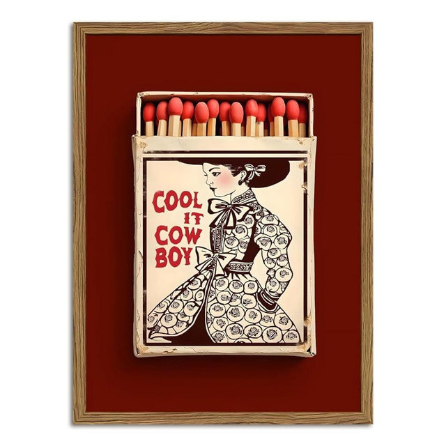 Vintage Western Cowgirl Wall Art Trendy Southwest Cool it Cowboy Matchbox Wall Decor Picture Coastal Cowgirl Poster Canvas Painting Print for Living Room Bedroom 12x16 inch Wood Framed