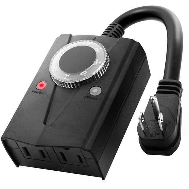 Brightown Outdoor Light Sensor Timer Waterproof, Mechanical Plug in Timer Switch, Outdoor Light Timer for Electrical Outlets, 2 Grounded Electrical Outlets for Christmas String Lights, Lighting Decor