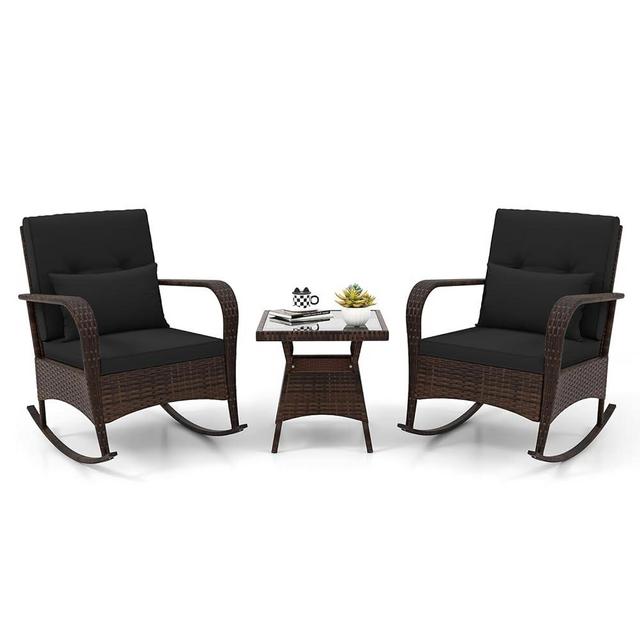 ORALNER 3 Pieces Patio Furniture Set, Outdoor Wicker Rocking Chairs with Cushions, Pillows, Glass Coffee Table, Rattan Bistro Rocker Set for Balcony Front Porch Poolside Garden Deck Yard (Black)