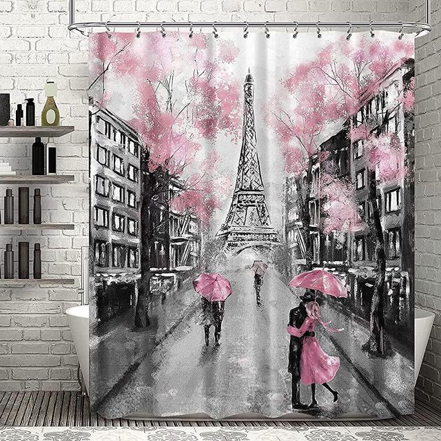 Riyidecor Thicken Heavy Duty Paris Eiffel Tower Shower Curtain for Bathroom Decor 72Wx72H Inch Vintage Landscape for Women Girl Romantic French Scenery Pink Fabric Waterproof 12 Pack Hooks WW-PAVT