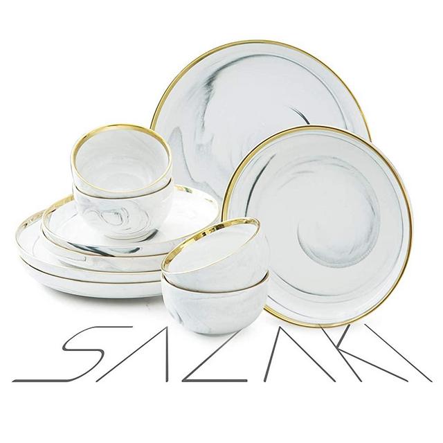 Sazaki Melamine Dinnerware Set 12 Piece Plate & Bowl Set, Durable Dinnerware for 4, Unique Natural Marble Design Gold-plated Dinnerware Set (Dinner Plate, Dessert Plate, Bowl）