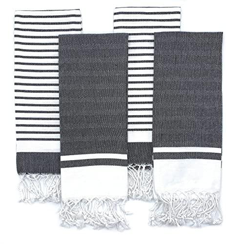 The Accented Co. Turkish Hand Towels, Set of 4 - Hand-Knotted Tassel Tea Towels - Turkish Cotton with Hanging Loop (29x17 inches)(Black)