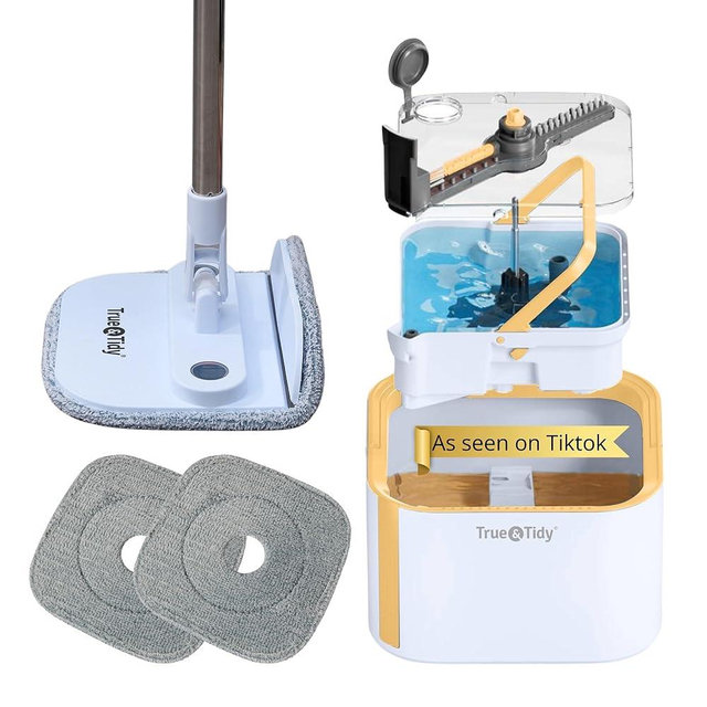 True & Tidy® TrueClean Spin Mop 2.0 w/Detachable Inner Bucket, Self Standing, Separates Clean and Dirty Water, Foldable Square Mop Head, Triple Jet Stream w/Hidden Brush, Replaceable 2pc Mop Pads