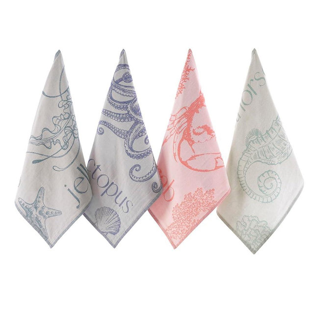 sea me at home Jacquard Sea Life Kitchen Towels, 4-Pack, 100% Cotton, Medium (19.5" x 27"), Sea Life Color