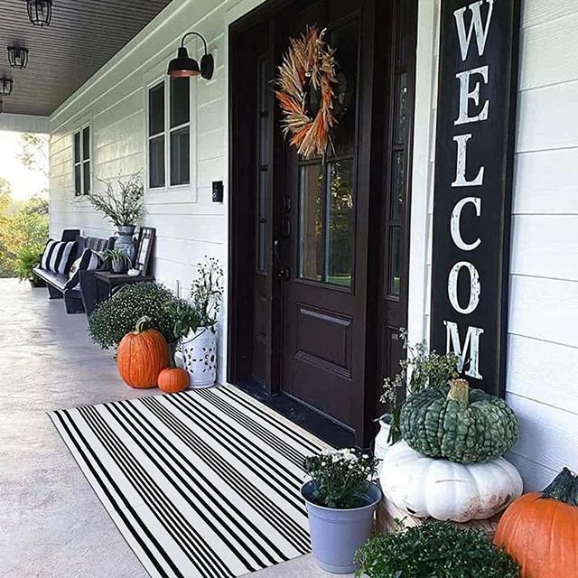 Black and White Striped Outdoor Rug Front Porch Rug 27.5"x43" Cotton Hand-Woven Welcome Mats Layered Door Mats for Front Porch/Entryway/Laundry Room/ Bedroom/Outdoor (27.5"x43")