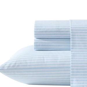 Laura Ashley - King Sheet Set, Crisp & Cool Cotton Percale Bed Sheets, Deep Pockets, Striped Bedding with Matching Fitted Sheet & Pillowcases (Bedford Skinny Stripe Blue)