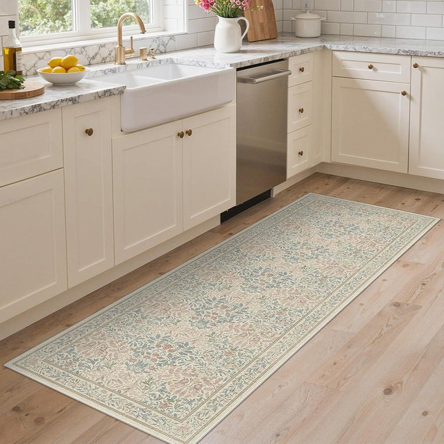 Bavni 2x6 Runner Rug Non Slip, Kitchen Rugs Non Slip Washable, Thin Bathroom Runner for Hallway Laundry Room Entryway, Ultra Soft Botanical Carpet, Modern Boho Floral Indoor Floor Decor, Beige Pink