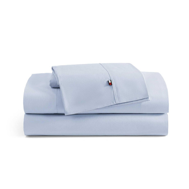 Tommy Hilfiger - Sheet Set, Cotton Percale Bedding with Matching Pillowcases, Crisp & Cool, Solid Home Essentials (Blue, Full)