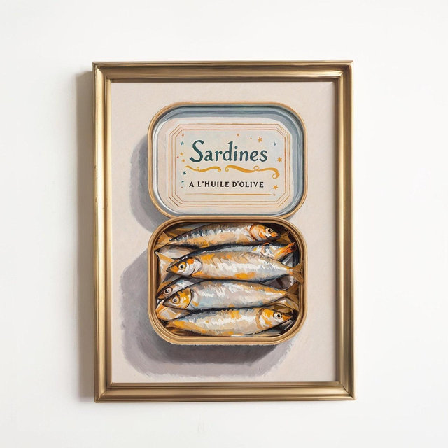Tinned Sardines Art Print: Vintage Retro Style Food Still Life, Gift for Her, Nostalgic Old Snack Decor, European Sardines