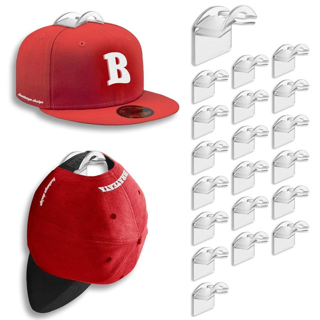 BRATEAYA Hat Hangers for Wall, No Drilling Caps Holder Organizer, Adhesive Hat Hooks for Hanging Hats, Wall Mounted Hat Rack for Men Trucker Hat, Fitted Hat, Golf Hat, Clear, Pack of 20