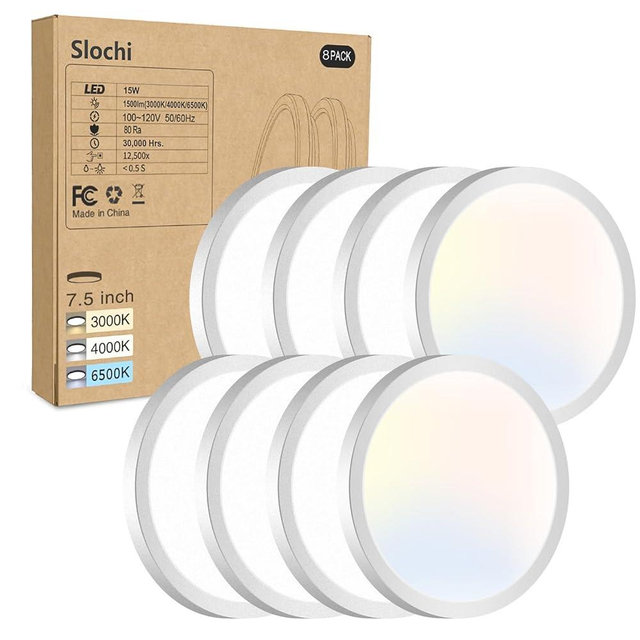 8PACK LED Flush Mount Ceiling Light Fixture, 3000K-4000K-6500K & 100W Equivalent Modern Kitchen Recessed Ceiling Lamp 15W 1500Lm 7.5 Inch Closet Round Surface for Bathroom Laundry Bedroom Hallway
